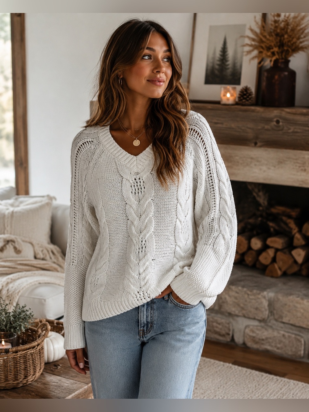 The Drop Women's Cable Knit Sweater Cream‎ White Size S Chunky V-Neck Pullover